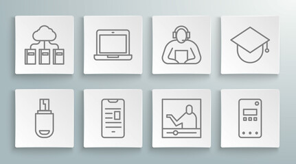 Set line USB flash drive, Laptop, Online book on mobile, education, Mobile phone, Student, Graduation cap globe and Cloud or online library icon. Vector
