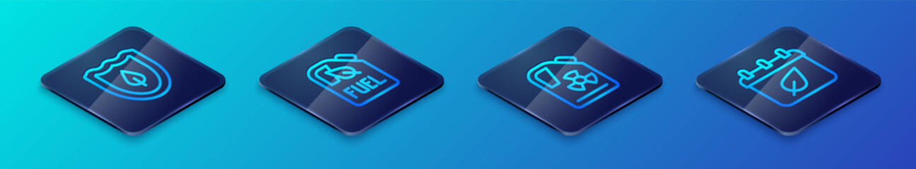 Set Isometric line Radioactive waste in barrel, Shield with leaf, Calendar autumn leaves and Bio fuel canister icon. Vector