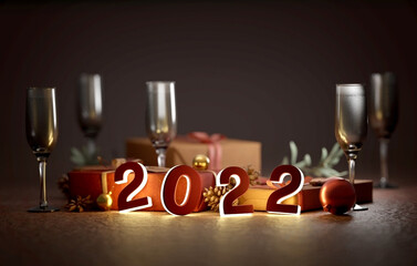 2022 new year composition with christmas holidays decoration - 3d rendering
