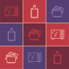 Set line Microwave oven, Cooking pot and Cutting board icon. Vector