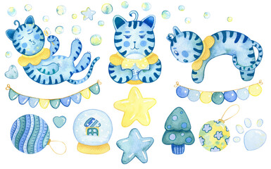 Watercolor winter set with blue cats and any cute elements, 
hand drawn illustration