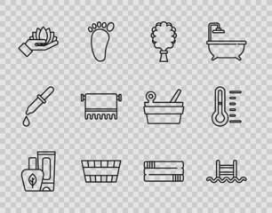 Set line Ointment cream tube, Swimming pool with ladder, Sauna broom, bucket, Lotus flower, Towel on hanger, stack and thermometer icon. Vector