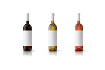 Wine bottle mockup isolated on white background. Set of White, Red and Rose wine bottles isolated on white. 3d rendering.