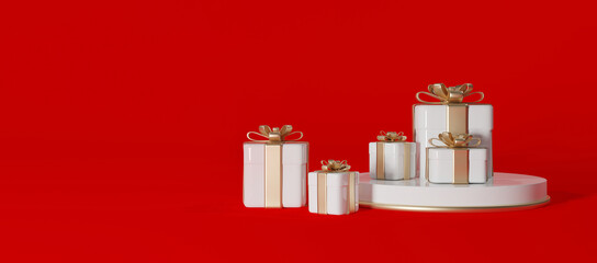 3d rendering of gift boxes on podium on red background with place for product design