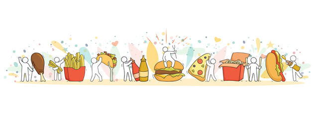 Cartoon set with little people and fast food.