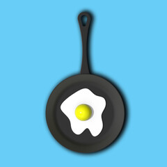 a fried egg in frying pan on pastel blue backgrounds. top view of hot device. chicken egg is grilled. Square image. 3D image. 3D rendering.