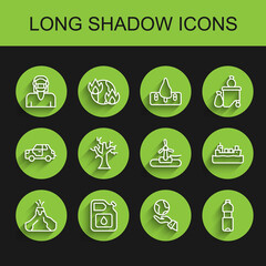 Set line Volcano eruption with lava, Canister for gasoline, Face protective mask, Hands holding Earth globe, Bottle of water, Withered tree, Oil tanker ship and Wind turbine icon. Vector