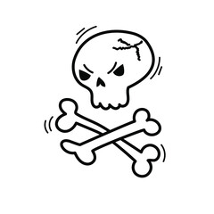 Evil skeleton skull with bones. Pirate emotion. Curse, rude, swear simbol for bad, negative expression. Vector illustration in hand drawn doodle sketch style. 