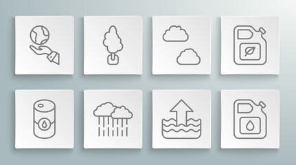 Set line Barrel oil, Tree, Cloud with rain, Rise water level, Canister for gasoline, Bio fuel canister and Hands holding Earth globe icon. Vector