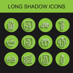 Set line Safety goggle glasses, Gaseous, Poison in bottle, Test tube and flask, Propane gas tank, Laboratory uniform and Medical rubber gloves icon. Vector