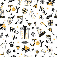Christmas doodle hand drawn elements seamless pattern. Vector stock illustration