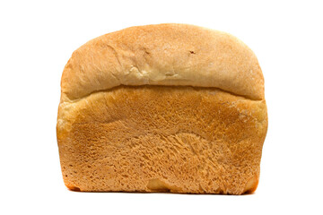 A loaf of white bread, side angle on a white studio background. 