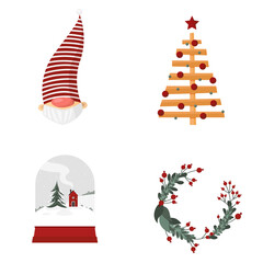 Christmas tree, santa claus, glass ball with mezhinki and new year wreath isolated in flat style. Vector stock illustration