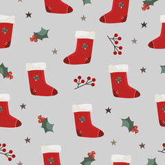 Christmas red sock pattern in hand drawn style. Vector stock illustration