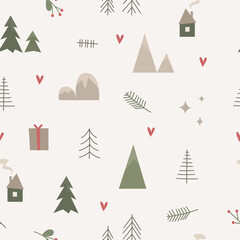 Winter pattern with mountains and trees in scandinavian style. Vector stock illustration