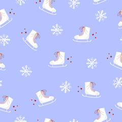 Skates hand drawn winter seamless pattern on blue background. Vector stock illustration