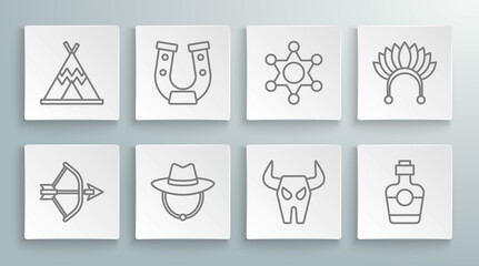Set line Bow and arrow in quiver, Horseshoe, Western cowboy hat, Buffalo skull, Tequila bottle, Hexagram sheriff, Indian headdress with feathers and teepee wigwam icon. Vector © Oksana
