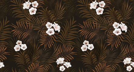Tropical exotic seamless pattern with white flowers in gold tropical leaves. Hand-drawn 3D illustration. Good for design wallpapers, fabric printing, wrapping paper, cloth, notebook covers.