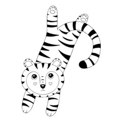 Fototapeta na wymiar Cute little tiger. Cartoon vector character isolated on a white background with black outline.