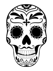 Floral Day of the Dead Sugar Skull in Mexico. Dia de los Muertos Mexican national holiday, fiesta. Male head. Hand drawn sketch. Vector illustration Isolated on white background. Coloring page.