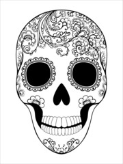 Floral Day of the Dead Sugar Skull in Mexico. Dia de los Muertos Mexican national holiday Freehand drawn female head. Pattern. Vector illustration isolated on white background. Coloring page book
