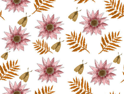 seamless pattern of plants leaf branches moth moth pink sunflower flowers yellow freshness watercolor 
 season nature fruit doodle. On a white background, the element is natural for fabric postcard,
