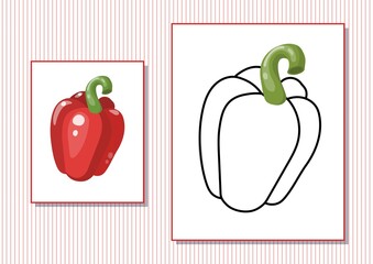 Printable worksheet. Coloring book. Cute cartoon bell pepper. Vector illustration. Horizontal A4 page Color red