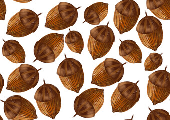 Seamless pattern acorn picture watercolor 
 autumn season nature brown red. On a white background, the element is natural for fabric postcard, holiday nature vacation wedding