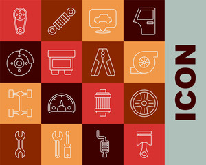 Set line Engine piston, Alloy wheel, Automotive turbocharger, Car service, Fuse, brake disk with caliper, Timing belt kit and battery jumper power cable icon. Vector