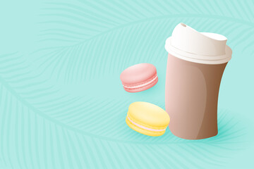 Brown paper cup for coffee, tea and other beverages, macaroons. Summer turquoise background with a shadow from the branches of a palm tree