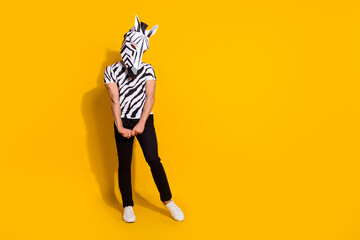 Full length photo of authentic bizarre guy in zebra mask feel shy theme festival isolated over shine yellow color background