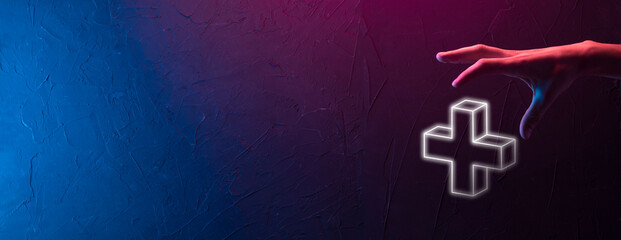 Businessman, man hold in hand offer positive thing such as profit, benefits, development, CSR represented by plus sign.The hand shows the plus sign