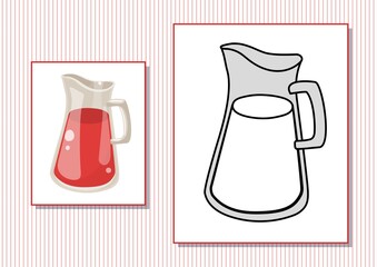 Printable worksheet. Coloring book. Cute cartoon jar with juice. Vector illustration. Horizontal A4 page Color red.
