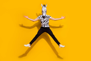 Fototapeta na wymiar Photo of creative cool man wear zebra print t-shirt mask jumping high like star isolated yellow color background