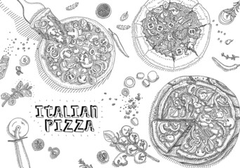 Italian pizza. Italian pizza background frame, Pizza, Pizzeria, Food, Menu, Ingredient. 