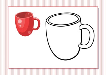 Printable worksheet. Coloring book. Cute cartoon cup. Vector illustration. Horizontal A4 page Color red