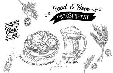  Food and beer Hand drawn illustration of the Bavarian October Fest with the pretzel and beer ceramic mug Bavaria vector illustration.  