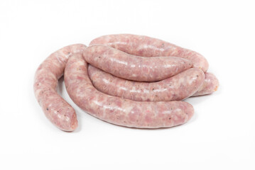 Some crude sausages on a white background