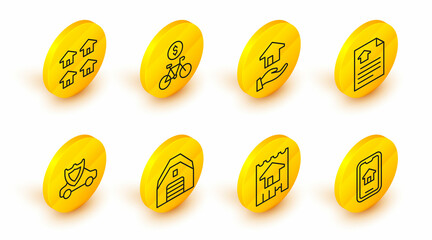 Set line Online real estate, House, Garage, Car with shield, contract, Realtor, Bicycle rental mobile app and icon. Vector