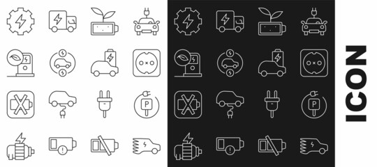 Set line Electric car, Charging parking electric, Electrical outlet, Eco nature leaf battery, charging station, Gear and lightning and icon. Vector