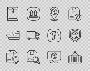 Set line Delivery security with shield, Container on crane, Location cardboard box, Search package, Envelope, cargo truck, and icon. Vector