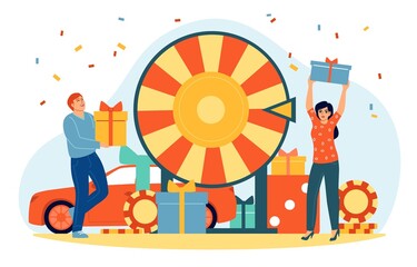 People spinning fortune wheel. Tiny man and woman, gambling concept, happy casino or lottery winners, bingo prize, lucky players characters, vector cartoon flat isolated illustration