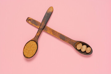 anise star and nutmeg in spoon on colorful background with copy space. Flat lay background.