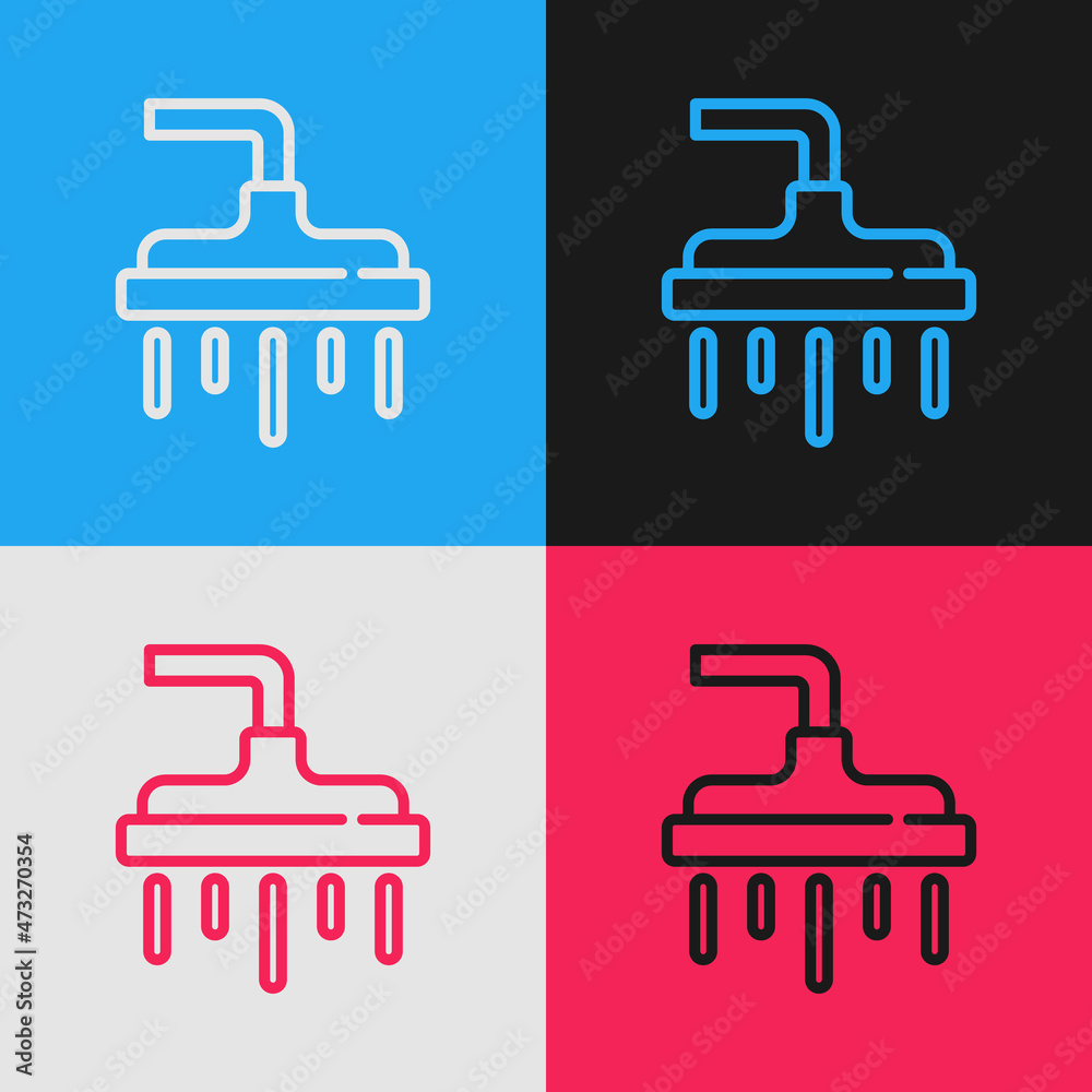 Sticker Pop art line Shower head with water drops flowing icon isolated on color background. Vector