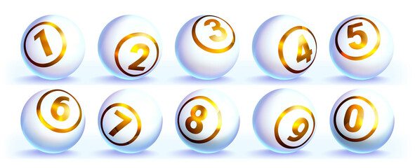 Lotto white balls with golden numbers vector realistic illustration. Lottery gambling glossy spheres. Snooker, leisure sport game or billiard bingo ball isolated on white background.