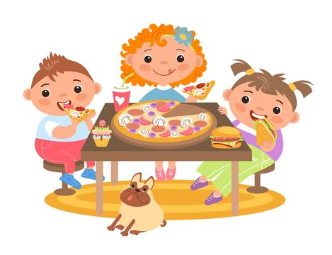 Children eat together. Kids breakfast, hungry friends at table eat lunch, happy girls and boy with fast food. Burger, pizza and sandwich, vector cartoon flat style isolated concept