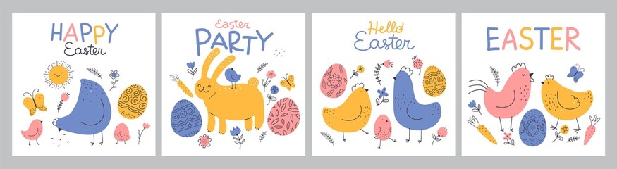 Funny easter posters. Cute patterned eggs, color chickens and bunny, spring holiday symbol, cartoon rustic happy characters, doodle domestic rural birds, vector greeting cards