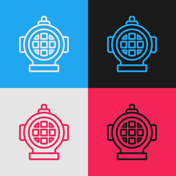 Pop art line Aqualung icon isolated on color background. Diving helmet. Diving underwater equipment. Vector