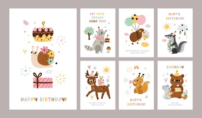 Animals birthday cards. Invitations posters, holiday childish party decoration, cute forest character, baby deer, snail with gift, raccoon with cake, hedgehog with balloons vector cartoon set