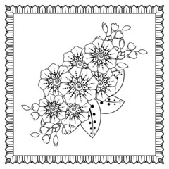 Mehndi flower for henna, mehndi, tattoo, decoration. Decorative ornament in ethnic oriental style, doodle ornament, outline hand draw. Coloring book page.